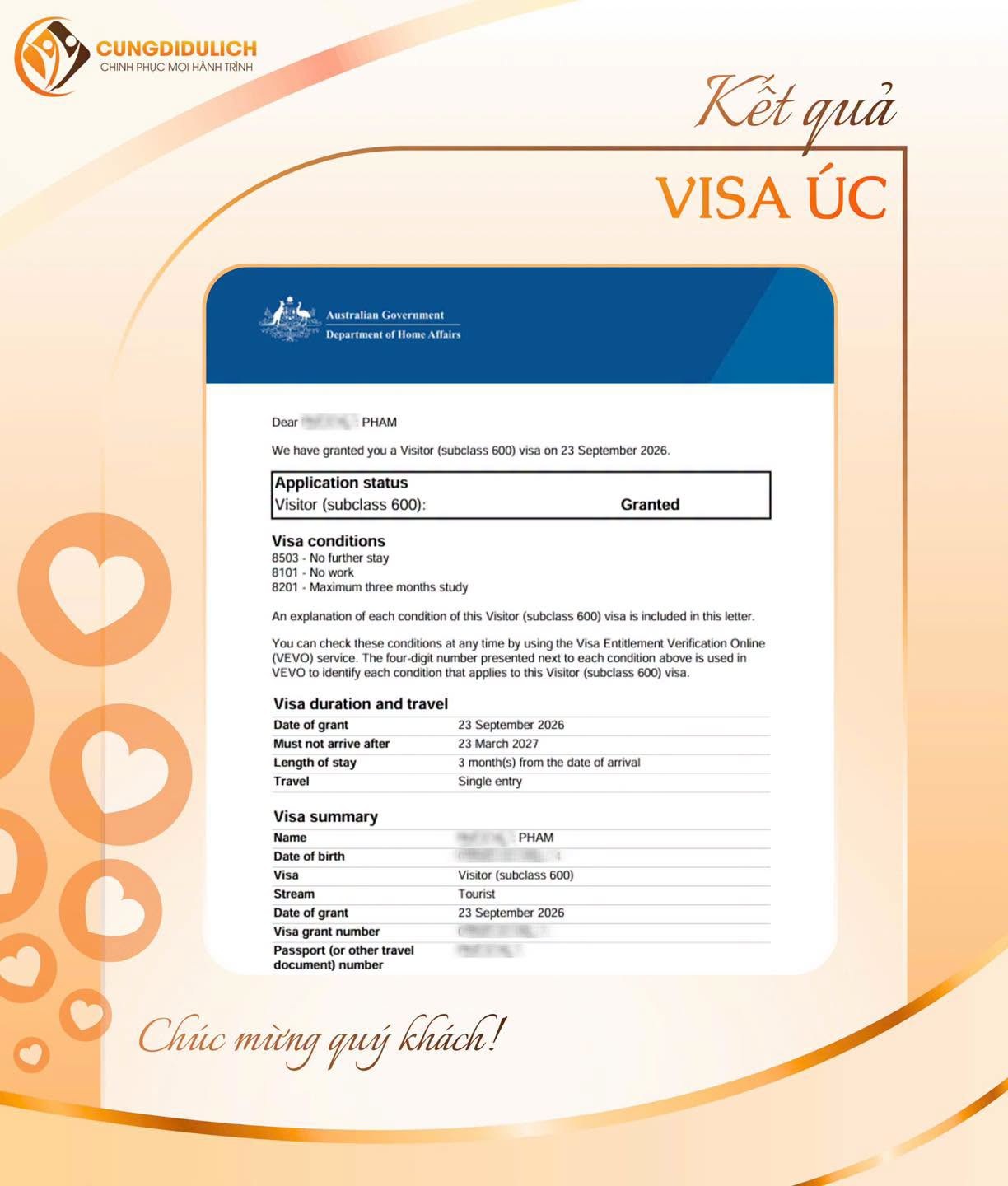 Kết quả VISA ÚC – Khách hàng Ms. Pham
