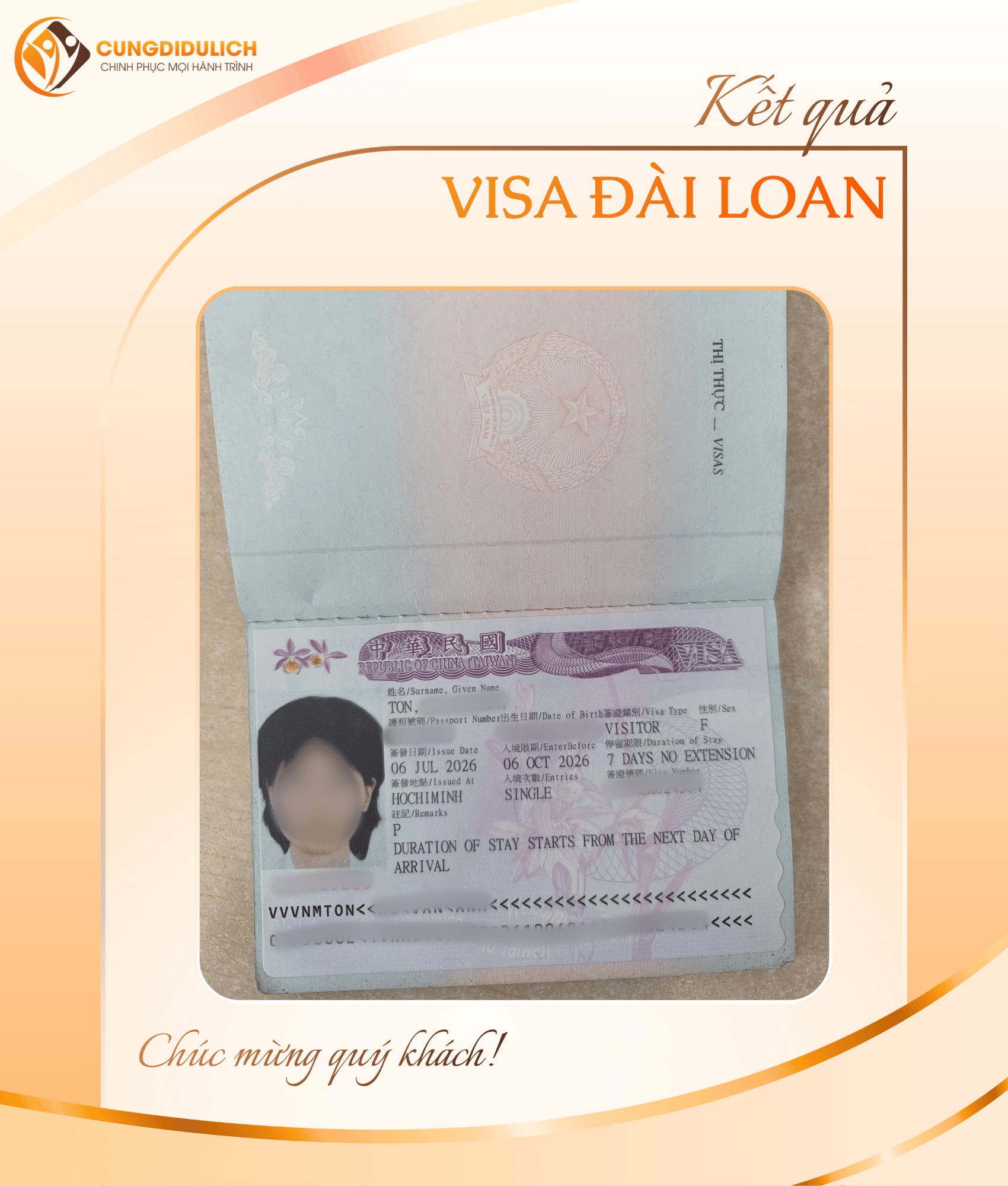 Kết quả VISA ĐÀI LOAN – Khách hàng Ms. Ton