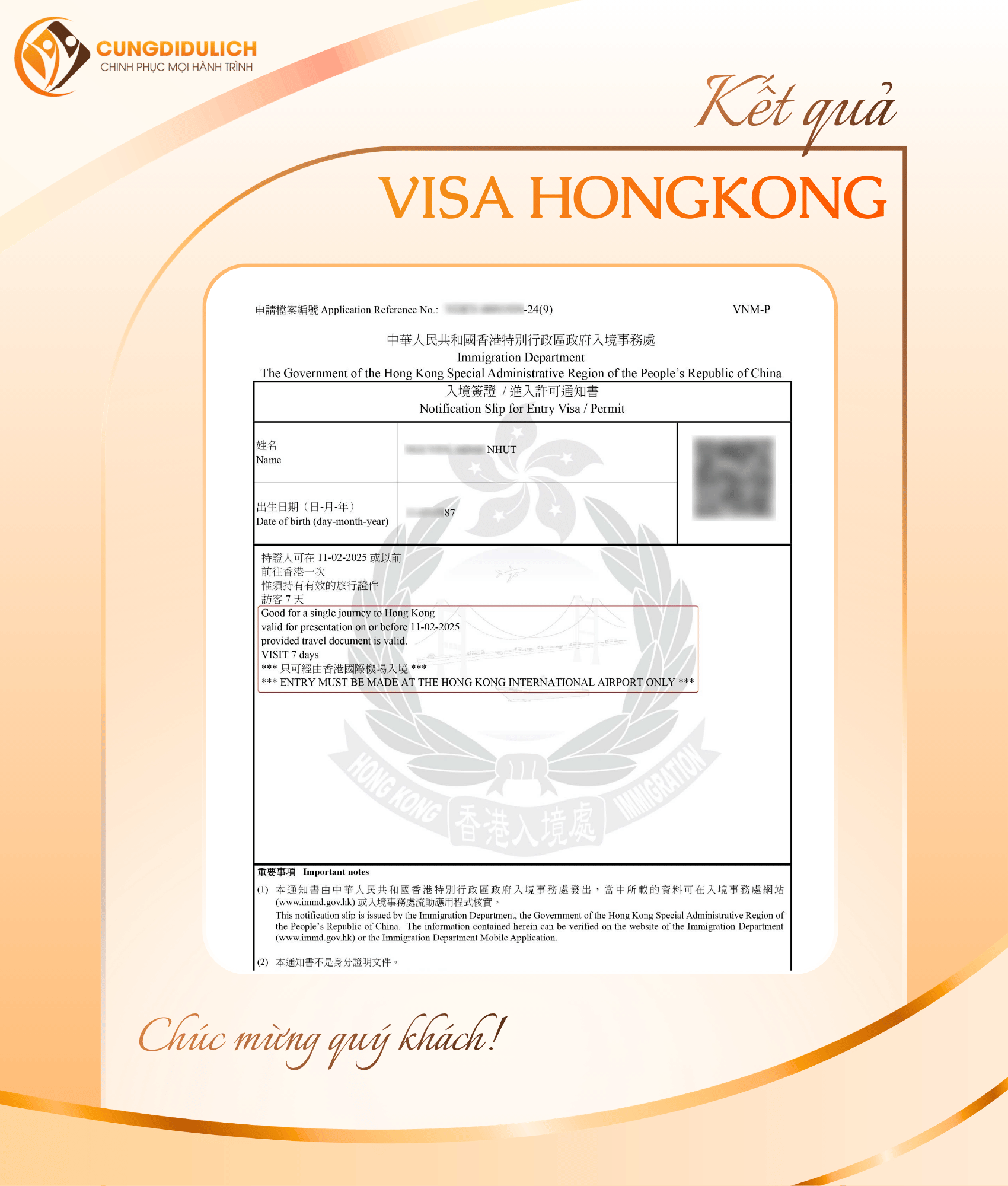 Kết quả VISA HONGKONG – Khách hàng Mr. Nhut