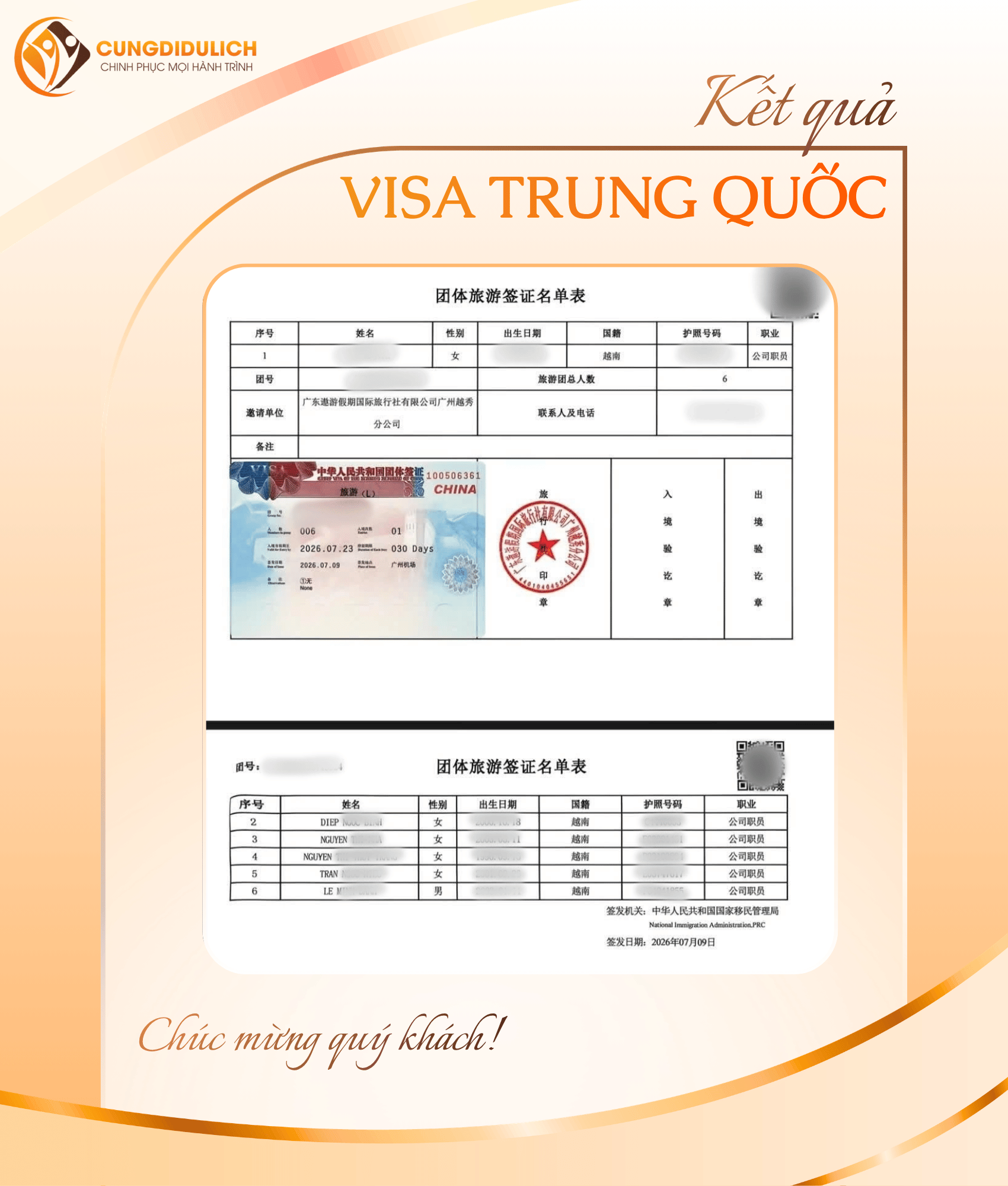 Kết quả VISA TRUNG QUỐC – Khách đoàn