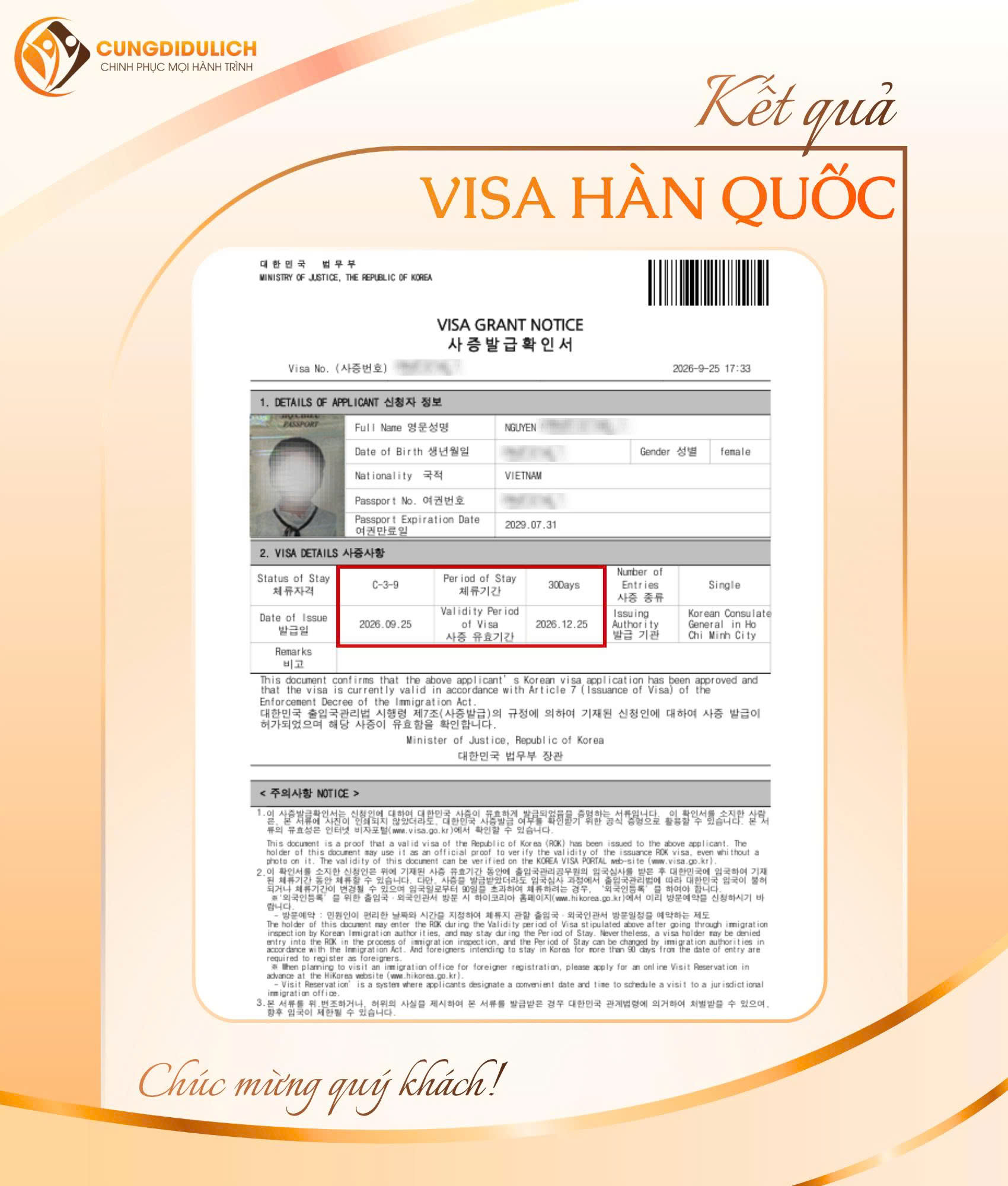 Kết quả VISA HÀN QUỐC – Khách hàng Ms. Nguyen