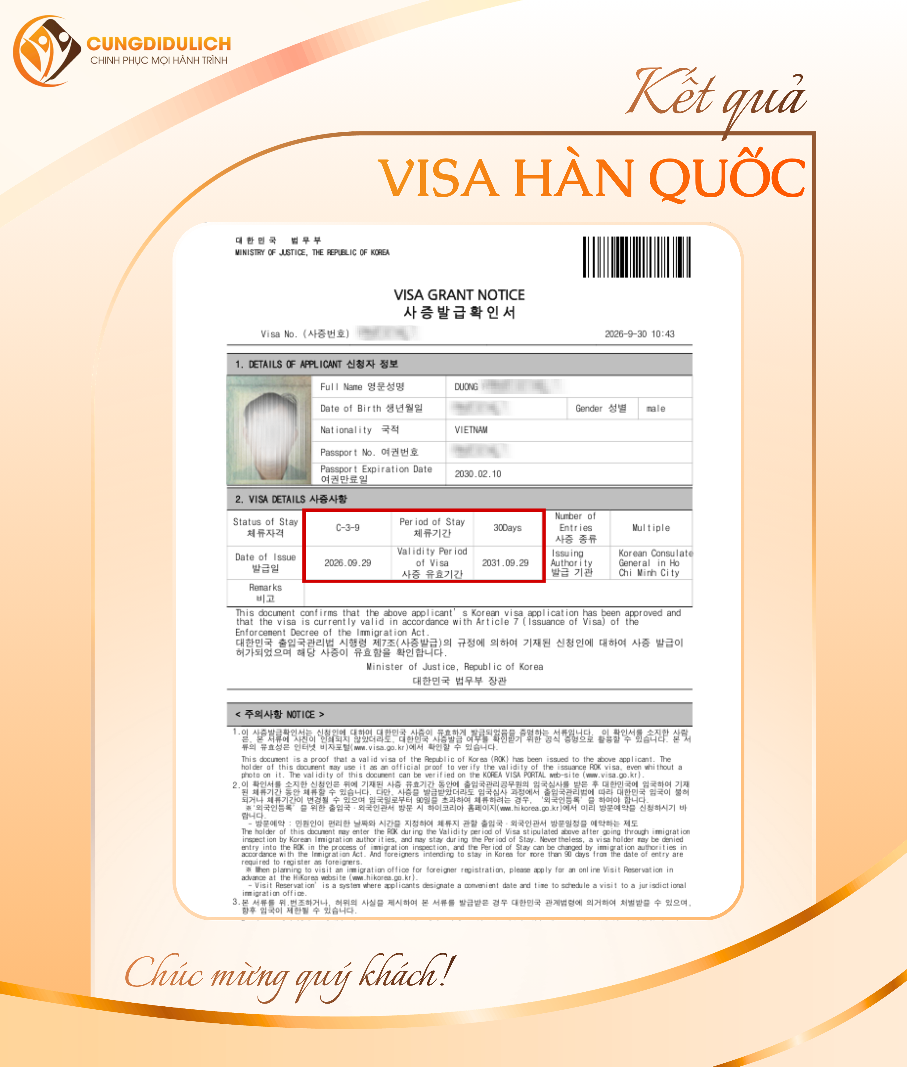 Kết quả VISA HÀN QUỐC – Khách hàng Mr. Duong